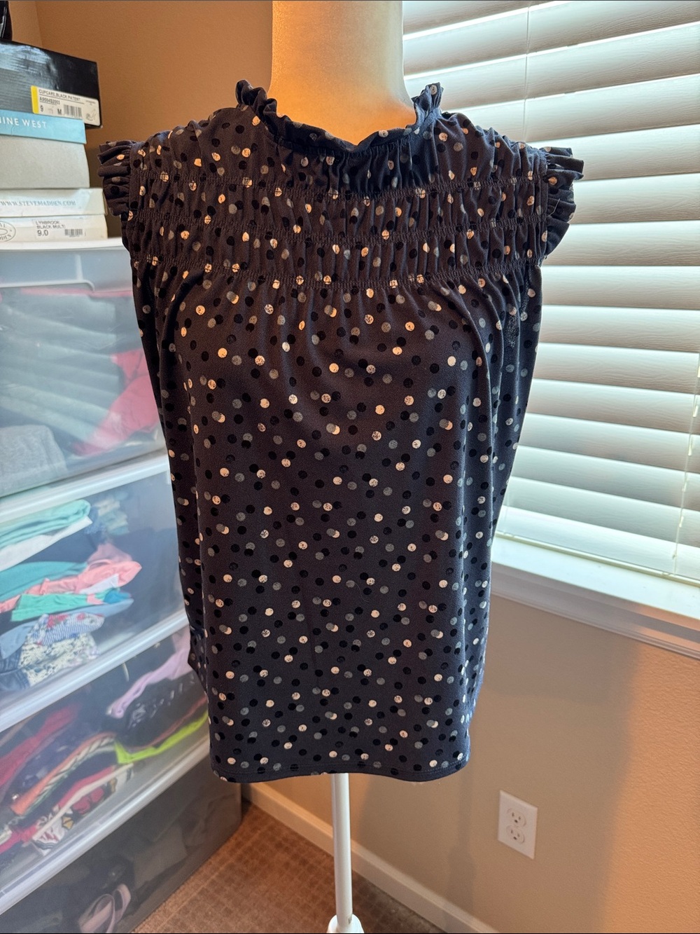 Sleeveless Polka Dot Smocked Neck Blouse